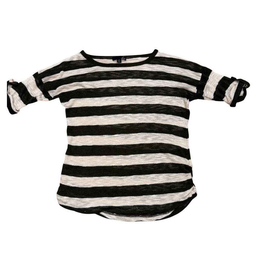 Liv Striped Lightweight Knit Casual Women's Pullover Shirt Top Roll Tab Green 1X
